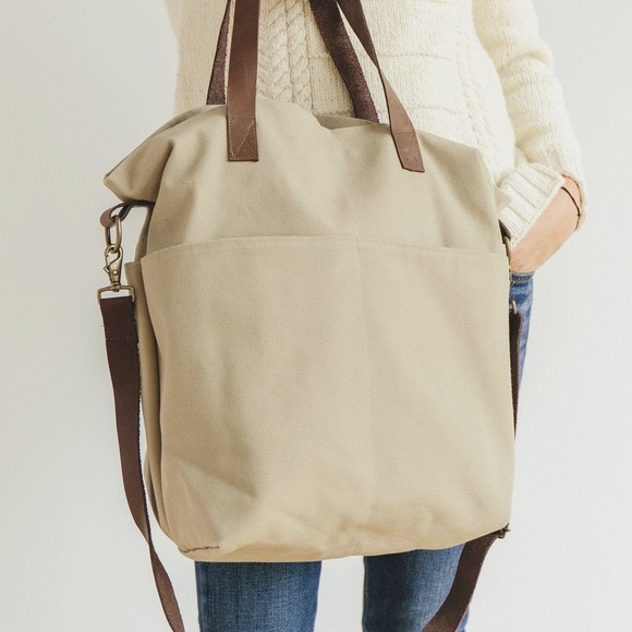 Twig and horn khaki Tote project Bag with leather Straps - Picture 1 of 4